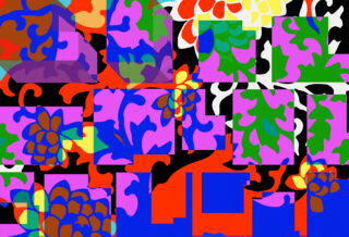 Abstraktes Muster mit überlappenden bunten Blumen- und Blattformen, Quadraten und Rechtecken in Lila, Rot, Grün, Blau, Orange, Gelb, Weiß und Schwarz.