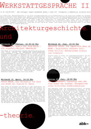Plakat für „Werkstattgespräche II“ zur Architekturgeschichte und -theorie mit einer Auflistung von Veranstaltungen, Terminen, Referenten und Sitzungsthemen auf Deutsch und minimalistischen Designelementen in Schwarz und Rot.