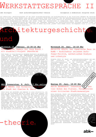 Plakat zu den „Werkstattgesprächen II“ mit Veranstaltungsdetails, Terminen und Themen aus Architekturgeschichte und -theorie, mit großem rot-schwarzem Text und dem Hinweis „VERSCHOBEN“ auf einer Veranstaltung.