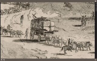 Eine historische Abbildung zeigt einen mit Fässern und einem Tank beladenen Wagen, der von Ochsen gezogen wird, gefolgt von weiteren Ochsenkarren und Menschen, die zu Fuß gehen oder auf Pferden reiten.