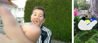 Ein Junge in einer gestreiften Jacke berührt sein Gesicht, während er seine Hand in Richtung Kamera hält; ein zweites Bild zeigt eine illustrierte Figur, die zwischen Blumen und Grün sitzt.