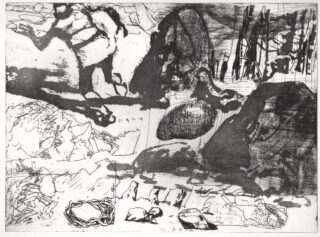 Abstrakte Schwarzweißskizze mit geschichteten Formen, Felsen, Bäumen und Figuren mit unterschiedlichen Linien und Texturen.