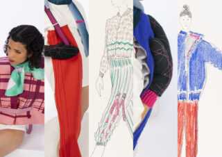 Eine Collage mit zwei Frauen in farbenfrohen, gemusterten Outfits und Schals, dazwischen sind drei Modeskizzen mit ähnlichen Kleidungsstilen platziert.