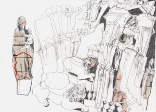 Abstrakte Strichzeichnung mit fragmentierten menschlichen Figuren, einer Statue, die links ein Kind hält, und architektonischen Elementen, die in Schwarz und Rot auf weißem Hintergrund skizziert sind.