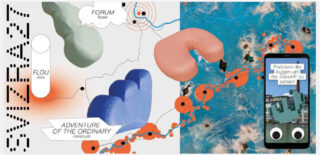 Collage mit abstrakten aufblasbaren Formen, einer Karte mit orangefarbenen Punkten und einem Smartphone mit einem Gebäude und dem deutschen Text „Platziere die Augen um die Zukunft zu sehen!“.