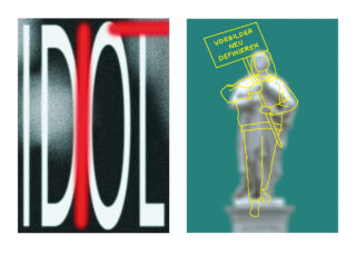 Links das Wort „IDOL“ in fetten Buchstaben, rechts eine Statue mit gelbem Umriss, die vor einem blaugrünen Hintergrund ein Schild mit der Aufschrift „VORBILDER NEU DEFINIEREN“ hält.