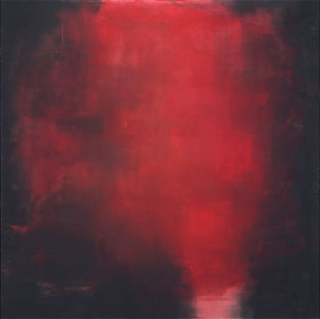Ein Gemälde mit einer großen, diffusen roten Form in der Mitte, umgeben von dunklen, fast schwarzen Rändern, wodurch eine abstrakte Komposition entsteht.
