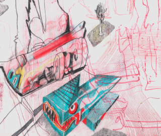 Abstrakte Zeichnung mit zwei bunten, rechteckigen Kreaturen – eine rote und eine blaue – beide mit großen Augen und Zähnen, inmitten roter und grauer Skizzenlinien und einem kleinen monochromen Baum im Hintergrund.