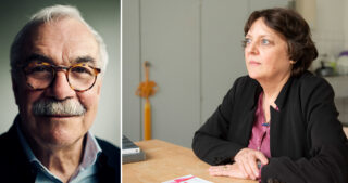 Geteiltes Bild: Links blickt ein älterer Herr mit Brille und Schnurrbart in die Kamera, rechts sitzt eine Frau mittleren Alters an einem Tisch und blickt zur Seite.