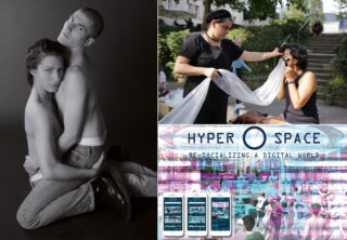 Eine Collage mit: einem Schwarzweißfoto eines sitzenden, sich umarmenden Paares, einer Frau, die im Freien einer anderen Frau Make-up aufträgt, und einem digitalen Kunstwerk mit dem Text „HYPER SPACE“ und Smartphone-Bildern.