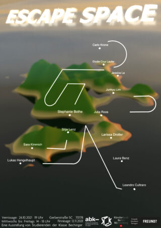 Plakat für die Ausstellung „ESCAPE SPACE“ mit stilisierten grünen Inseln auf dem Wasser, Ausstellungsdetails und einer Karte mit den Namen der teilnehmenden Künstler, die durch weiße Linien verbunden sind.