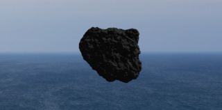 Ein großer, dunkler Felsen schwebt über dem Ozean, im Hintergrund ein bewölkter Himmel.