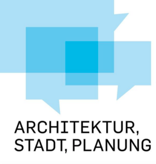Drei überlappende blaue Sprechblasen über den deutschen Wörtern „ARCHITEKTUR, STADT, PLANUNG“ auf weißem Hintergrund.