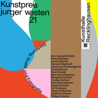 Plakat zum „Kunstpreis junger Westen 21“ in der Kunsthalle Recklinghausen mit bunten geometrischen Formen und einer Künstlernamenliste.