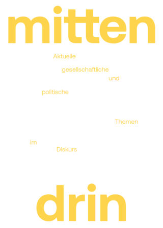 Gelber Text auf weißem Hintergrund lautet: „Mitten drin Aktuelle gesellschaftliche und politische Themen im Diskurs.“ Wörter sind in einem verstreuten Muster angeordnet.