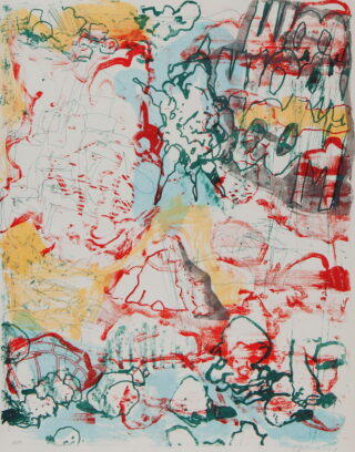 Abstraktes Kunstwerk mit übereinander geschichteten roten, blauen, gelben und schwarzen Pinselstrichen und Linien, die eine energiegeladene und dynamische Komposition erzeugen.