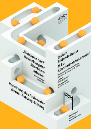 Ein geometrisches Labyrinth mit gelben Kugeln und schwarzem deutschen Text über eine Kunstdiplomausstellung und Preisverleihung bei ABK Stuttgart.