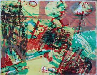 Abstraktes Kunstwerk mit geschichteten roten, grünen und schwarzen Formen und Linien auf einem gelben Hintergrund, wodurch eine dynamische, chaotische Komposition ohne klaren Brennpunkt entsteht.