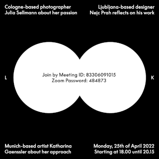 Schwarz-Weiß-Grafik mit Details zu einem Zoom-Event mit Kreativen aus Köln, Ljubljana und München am 25. April 2022, inklusive Meeting-ID und Passwort.
