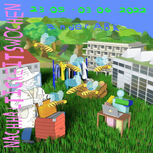 Animierte Szene mit Bienen und menschenähnlichen Figuren in Laborkitteln, Gras, Gebäuden und Wäscheleinen; Text lautet „23.05–03.06.2022“ und „NACHHALTIGKEITSWOCHEN.“.