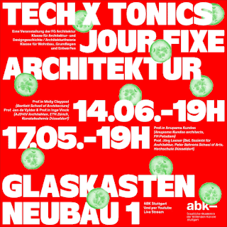 Veranstaltungsplakat mit fettem weißem Text auf rotem Hintergrund und Limettenscheiben, das eine Architekturveranstaltung am 14. Juni um 19 Uhr im Glaskasten Neubau 1 beschreibt, die von abk Stuttgart veranstaltet wird.