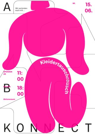 Plakat mit abstrakter rosa Figur und Veranstaltungsdetails zum Kleidertauschrausch, geplant für Mittwoch, 15. Juni, von 11:00 bis 18:00 Uhr im DB0 Aktionsraum.