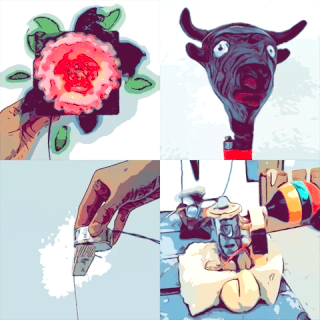 Eine Collage aus vier cartoonartigen Bildern: eine leuchtende Blume, ein Stierkopf, eine Hand mit einem Teppichmesser und eine Figur, die auf einem Spielzeugtier auf einer gelben Oberfläche reitet.