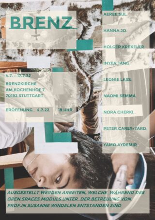 Plakat für die Kunstausstellung „Brenz“ in Stuttgart mit Angaben zu Datum, Veranstaltungsort, Künstlernamen und Kurator, mit dem Bild eines lesenden Kindes und einem abstrakten Hintergrund.