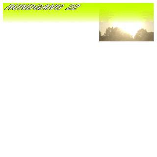 Oben links steht der Text „Rundgang 22“ mit einem kleinen Foto der Sonne, die durch Bäume scheint, auf einem gelben Hintergrund mit Farbverlauf.