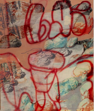 Ein mehrschichtiges abstraktes Gemälde mit überlappenden Brotlaiben und Gebäck, bedeckt mit kräftigen, rot aufgesprühten Linien und Zahlen auf einem strukturierten Hintergrund.