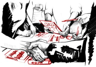 Mehrere Personen versammeln sich um einen Tisch und schreiben und zeichnen mit roten Markern auf Papier. Zwei Personen schütteln sich neben Büchern mit deutschen Titeln die Hände.