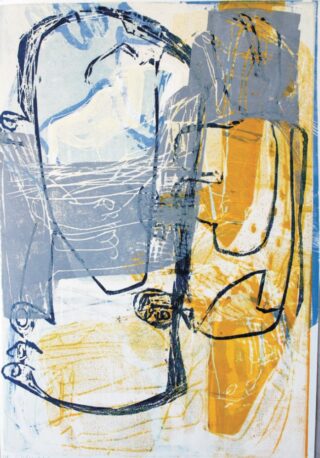 Abstraktes Kunstwerk mit überlappenden Strichzeichnungen und Formen in Blau-, Grau-, Gelb- und Weißtönen, mit dynamischen, skizzenhaften Pinselstrichen und geschichteten Texturen.