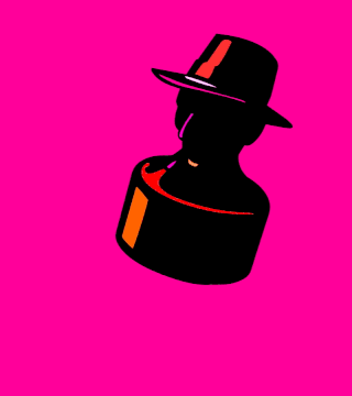 Stilisierte Illustration einer Person mit Hut, in Schwarz mit roten und orangefarbenen Akzenten vor einem leuchtend rosa Hintergrund.