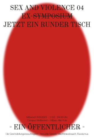 Poster mit einem großen roten Oval in der Mitte und Text zu „Sex and Violence 04 Ex-Symposium“, Veranstaltungsdetails und Themen wie sexuelle Gewalt, Machtmissbrauch und Rassismus.