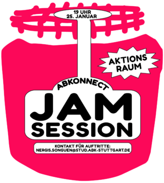 Poster eines Marmeladenglases, das die „ABKonnect Jam Session“ am 25. Januar um 19:00 Uhr ankündigt, mit Angabe der Kontakt-E-Mail und hervorgehobenem „Aktionsraum“.