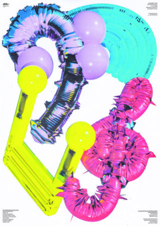 Bunte, abstrakte Formen, darunter aufblasbar aussehende Schläuche in Neongelb, -pink und -lila, angeordnet vor einem weißen Hintergrund.