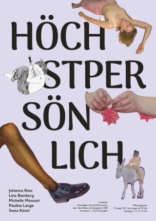 Plakat mit dem Text „Höchster Persönlich“, überlagert mit Bildern von Menschen in verschiedenen Posen, rotem Faden und einer Person auf einem Esel. Veranstaltungsdetails und Teilnehmernamen finden Sie unten.
