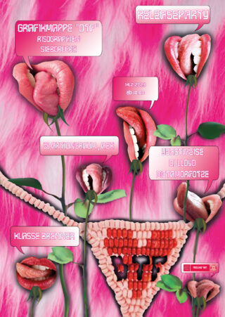 Ein surreales rosa Poster zeigt Blumen mit Lippen als Blütenblätter, Veranstaltungsdetails in Sprechblasen und den Text „DTF“ auf einem pixeligen Dreieck, das an Unterwäsche erinnert.