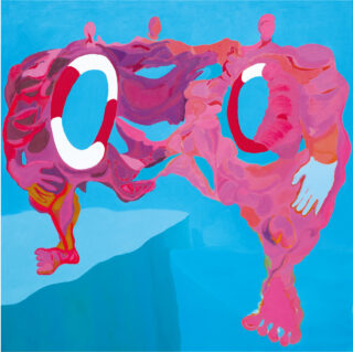 Abstraktes Gemälde zweier verzerrter, rosafarbener, menschenähnlicher Figuren mit sichtbaren Händen und Füßen, die jeweils einen rot-weißen Rettungsring halten, vor einem blauen Hintergrund.