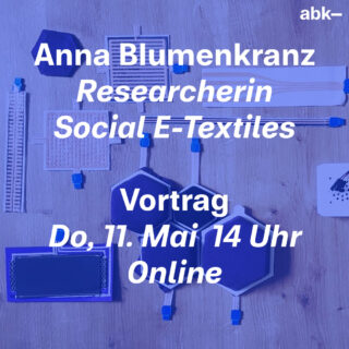 Blau getönte Ankündigung für einen Online-Vortrag der Forscherin Anna Blumenkranz zum Thema soziale E-Textilien am Donnerstag, den 11. Mai, um 14 Uhr. Im Hintergrund sind elektronische Textilkomponenten zu sehen.