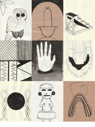 Ein Raster aus neun Quadraten, jedes mit einer einfachen Schwarzweißzeichnung, darunter eine Eule, eine Hand, abstrakte Formen, eine Treppe, ein Brunnen und eine stilisierte menschliche Figur.