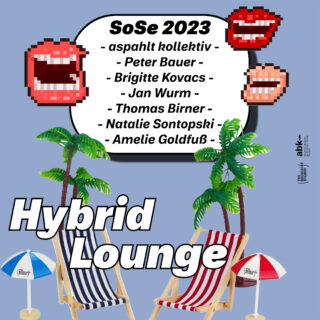 Werbegrafik für „Hybrid Lounge“ SoSe 2023 mit Künstlernamen, Palmen, gestreiften Stühlen, Sonnenschirmen und verpixelten Lippen auf blauem Hintergrund.