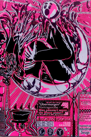 Ein in Schwarz und Rosa illustriertes Poster zeigt eine schreiende Gestalt in einer Blase, darunter Veranstaltungsdetails und Text auf Deutsch, umgeben von abstrakten und industriellen Elementen.