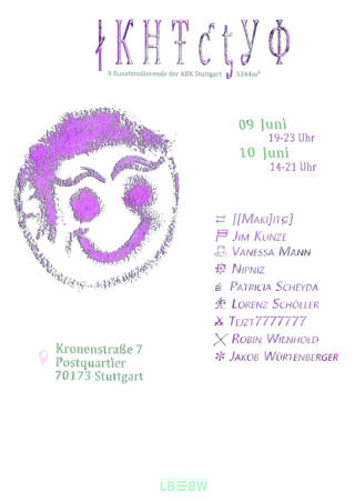 Auf einem Plakat für eine Kunstveranstaltung in Stuttgart sind ein lila Smiley, Veranstaltungsdatum und -zeit, die Adresse des Veranstaltungsortes und eine Liste der neun teilnehmenden Künstler zu sehen.