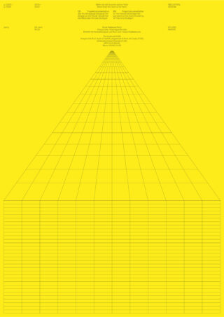 Ein gelber Hintergrund mit einer sich in die Ferne erstreckenden Gitterpyramide; oben und an den Seiten des Bildes wird kleiner, präziser Text angezeigt.