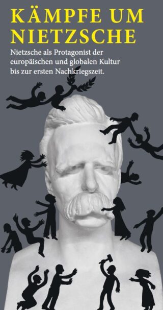 Eine weiße Büste von Friedrich Nietzsche ist umgeben von schwarzen Silhouetten von Menschen in verschiedenen aktiven Posen. Darüber ist ein deutscher Text über Nietzsche zu sehen.