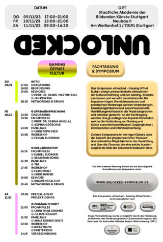 Veranstaltungsplan des „UNLOCKED“-Symposiums mit Terminen, Uhrzeiten, Sitzungsthemen und Referenten in der Akademie der Bildenden Künste Stuttgart.