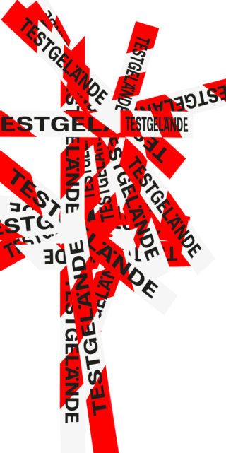 Rot-weißes Absperrband kreuzt sich vor weißem Untergrund und zeigt in fetten schwarzen Buchstaben immer wieder das Wort „TESTGELÄNDE“.