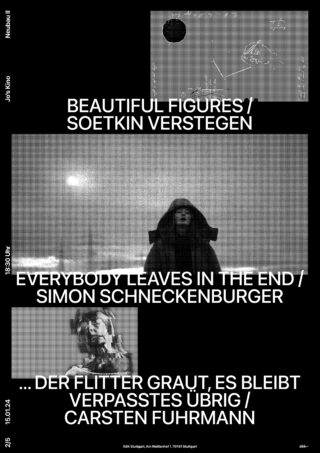 Schwarzweiß-Poster mit abstrakter Grafik, einer im Freien stehenden Frau und einem Text, der drei Kunstveranstaltungen mit Künstlernamen und Daten auf Deutsch auflistet.