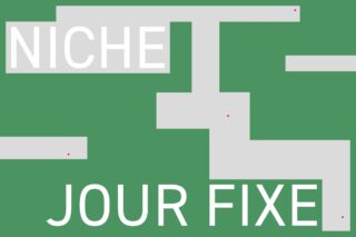Weißer Text „NICHE“ und „JOUR FIXE“ auf grünem Hintergrund mit grauen abstrakten Formen und kleinen rosa Punkten.